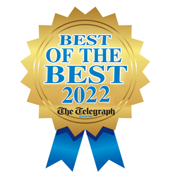 Blue ribbon image with text saying "Best of the Best 2022" From the Telegraph