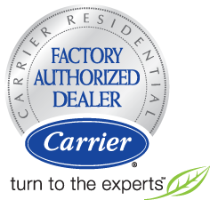 carrier residential factory authorized dealer in black and blue text 
